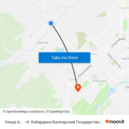 Улица Ахметова to Кабардино-Балкарский Государственный Аграрный Университет map
