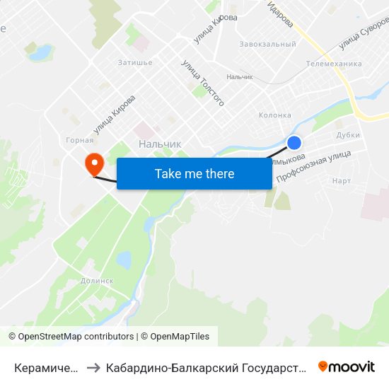 Керамическая Улица to Кабардино-Балкарский Государственный Аграрный Университет map