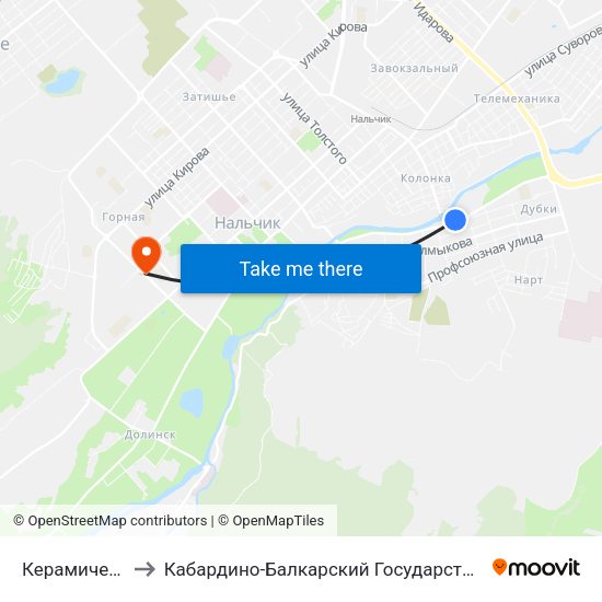 Керамическая Улица to Кабардино-Балкарский Государственный Аграрный Университет map