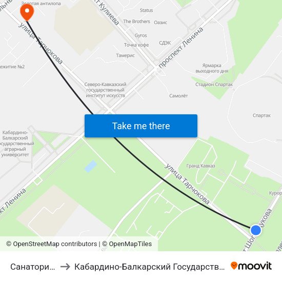 Санаторий Нальчик to Кабардино-Балкарский Государственный Аграрный Университет map