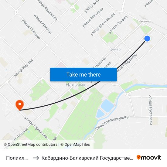 Поликлиника №3 to Кабардино-Балкарский Государственный Аграрный Университет map