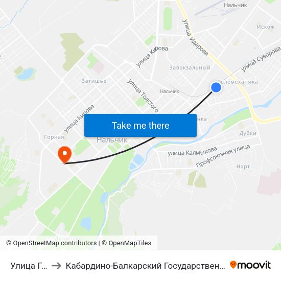 Улица Геттуева to Кабардино-Балкарский Государственный Аграрный Университет map
