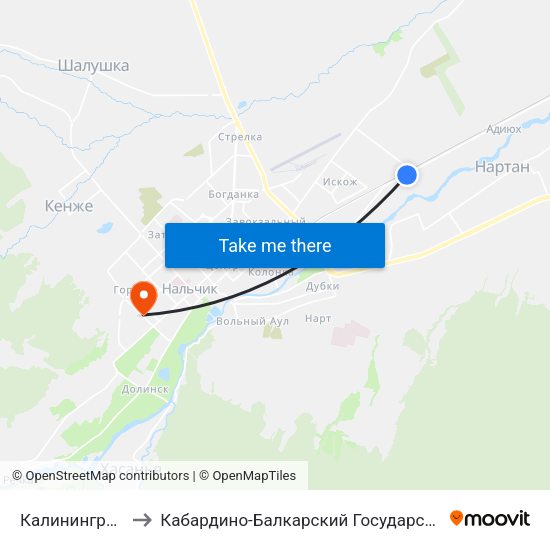 Калининградская Улица to Кабардино-Балкарский Государственный Аграрный Университет map