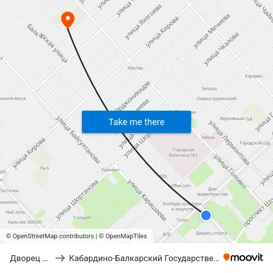 Дворец Спорта to Кабардино-Балкарский Государственный Университет map