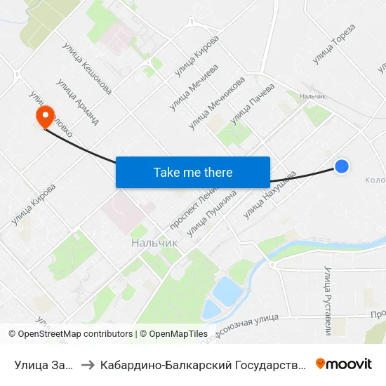 Улица Захарова to Кабардино-Балкарский Государственный Университет map