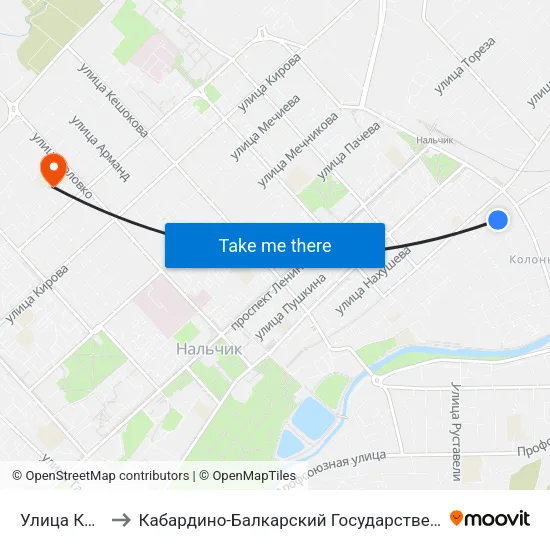 Улица Козлова to Кабардино-Балкарский Государственный Университет map