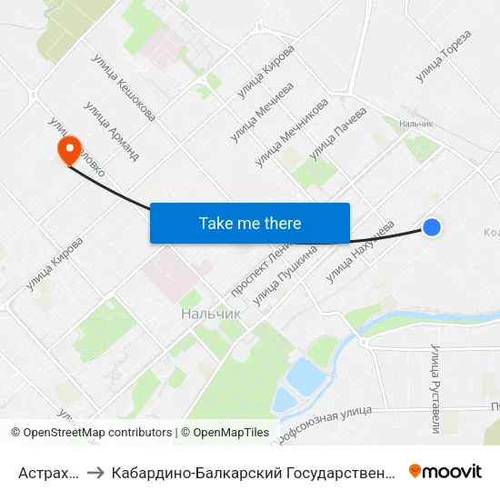 Астраханка to Кабардино-Балкарский Государственный Университет map