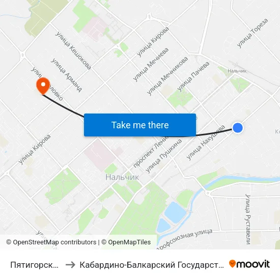 Пятигорская Улица to Кабардино-Балкарский Государственный Университет map