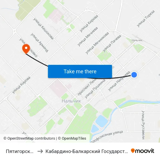 Пятигорская Улица to Кабардино-Балкарский Государственный Университет map