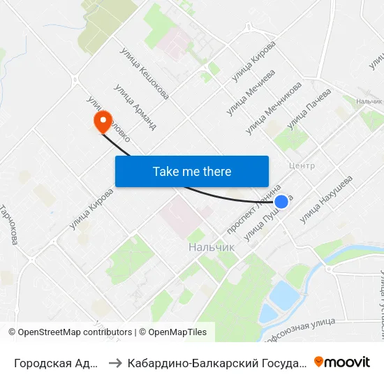 Городская Администрация to Кабардино-Балкарский Государственный Университет map