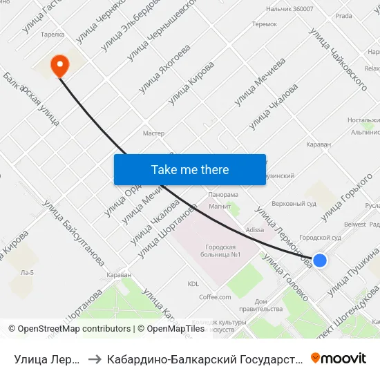 Улица Лермонтова to Кабардино-Балкарский Государственный Университет map