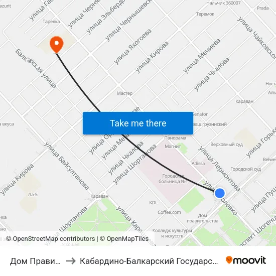 Дом Правительства to Кабардино-Балкарский Государственный Университет map