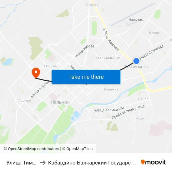Улица Тимирязева to Кабардино-Балкарский Государственный Университет map