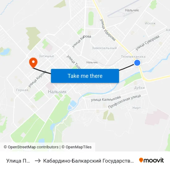 Улица Павлова to Кабардино-Балкарский Государственный Университет map