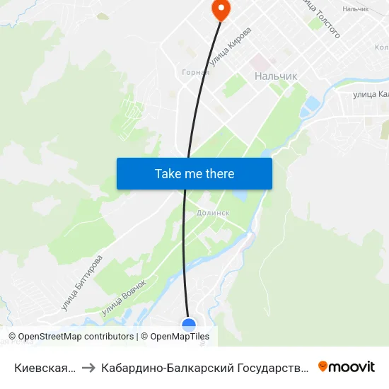 Киевская Улица to Кабардино-Балкарский Государственный Университет map