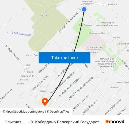 Опытная Станция to Кабардино-Балкарский Государственный Университет map