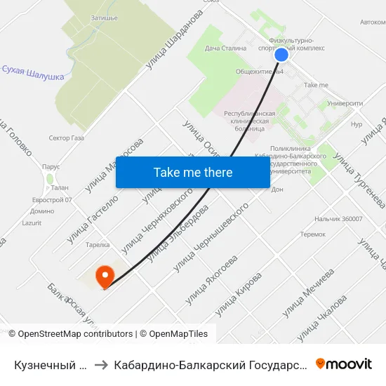 Кузнечный Переулок to Кабардино-Балкарский Государственный Университет map