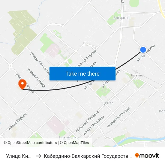 Улица Киримова to Кабардино-Балкарский Государственный Университет map