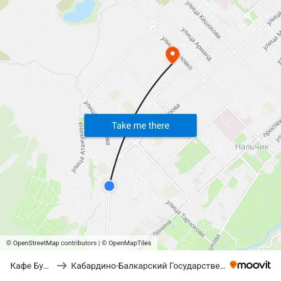 Кафе Бумеранг to Кабардино-Балкарский Государственный Университет map
