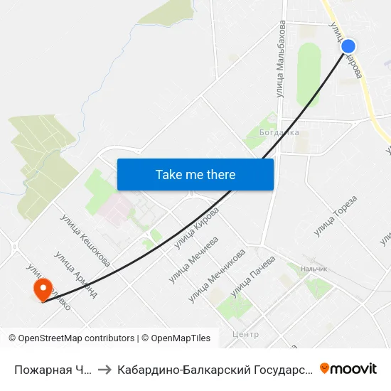 Пожарная Часть №19 to Кабардино-Балкарский Государственный Университет map