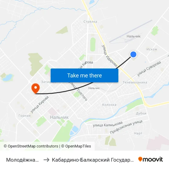 Молодёжная Площадь to Кабардино-Балкарский Государственный Университет map
