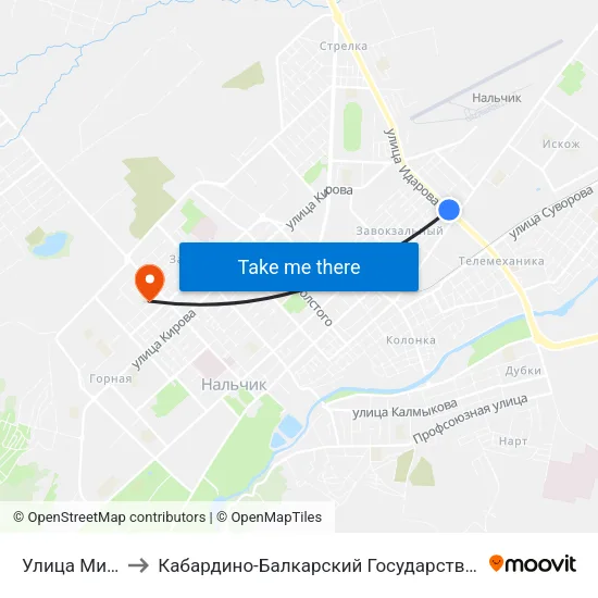 Улица Мичурина to Кабардино-Балкарский Государственный Университет map