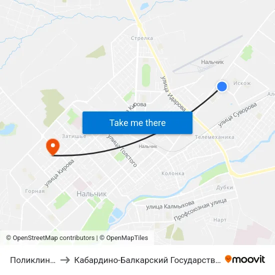 Поликлиника №2 to Кабардино-Балкарский Государственный Университет map