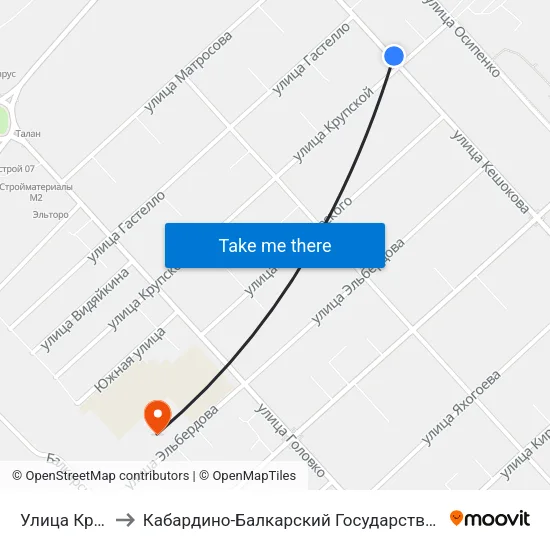 Улица Крупской to Кабардино-Балкарский Государственный Университет map