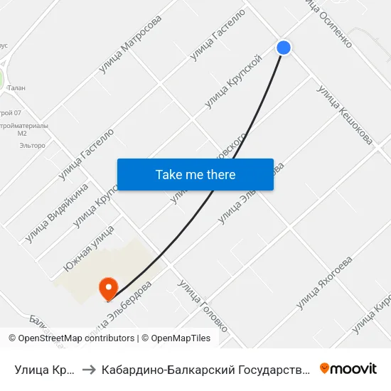 Улица Крупской to Кабардино-Балкарский Государственный Университет map