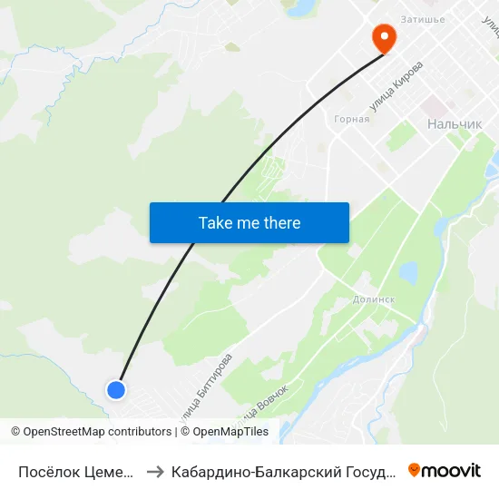 Посёлок Цементного Завода to Кабардино-Балкарский Государственный Университет map