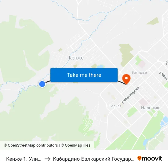 Кенже-1. Улица Ахохова to Кабардино-Балкарский Государственный Университет map