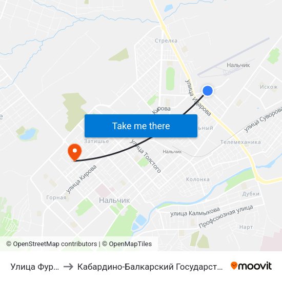 Улица Фурманова to Кабардино-Балкарский Государственный Университет map