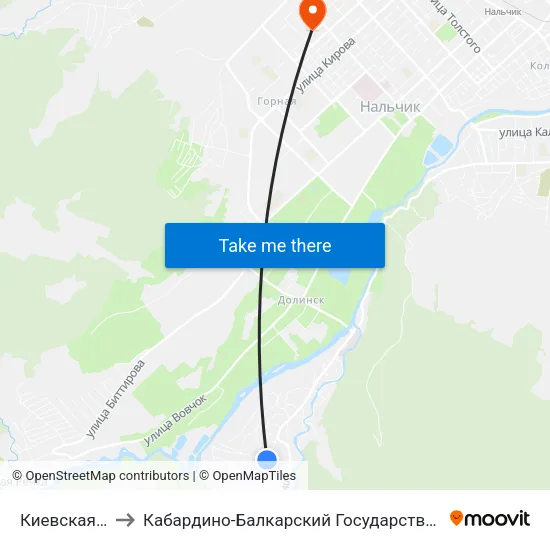 Киевская Улица to Кабардино-Балкарский Государственный Университет map