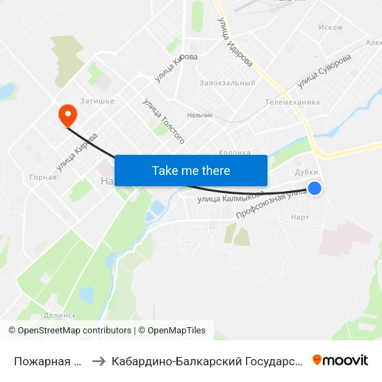 Пожарная Часть №2 to Кабардино-Балкарский Государственный Университет map