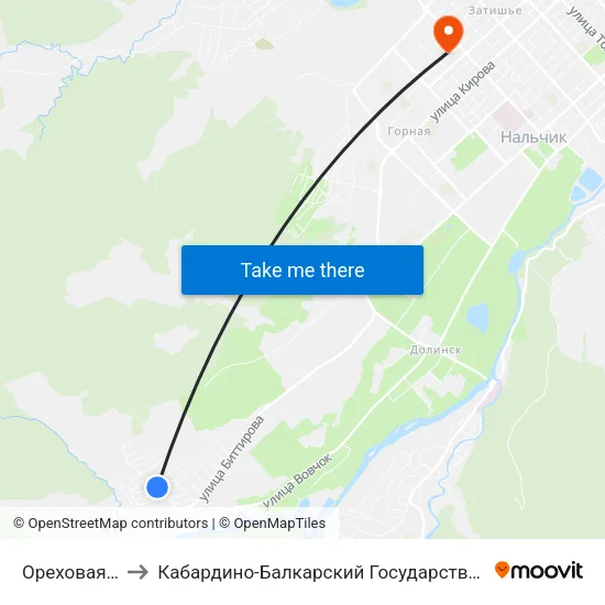 Ореховая Улица to Кабардино-Балкарский Государственный Университет map