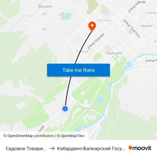 Садовое Товарищество Ландыш to Кабардино-Балкарский Государственный Университет map