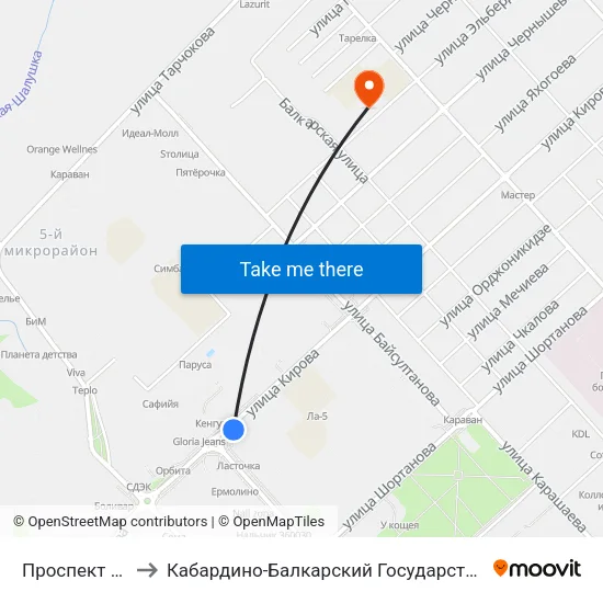 Проспект Кулиева to Кабардино-Балкарский Государственный Университет map