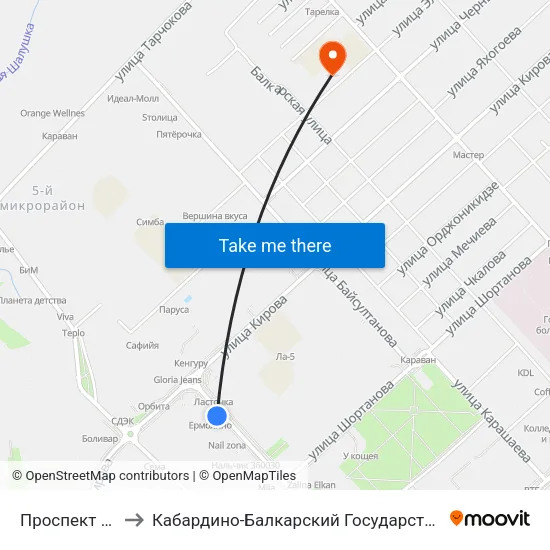 Проспект Кулиева to Кабардино-Балкарский Государственный Университет map
