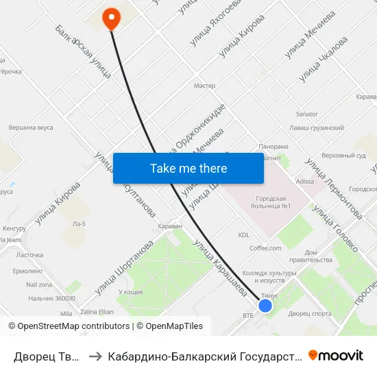 Дворец Творчества to Кабардино-Балкарский Государственный Университет map
