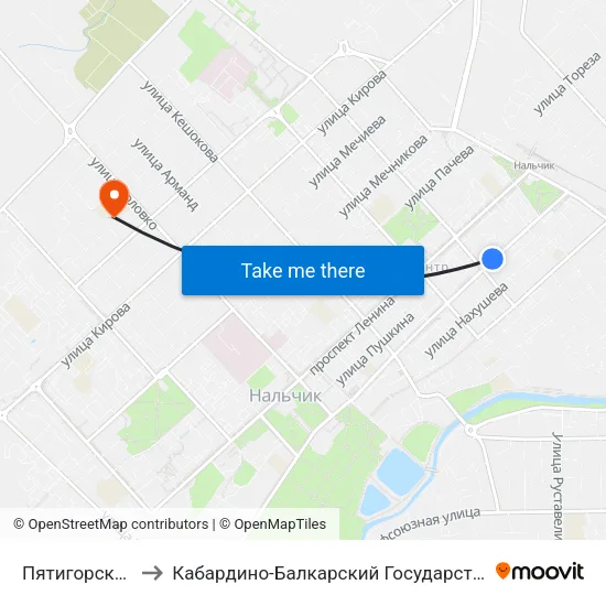 Пятигорская Улица to Кабардино-Балкарский Государственный Университет map