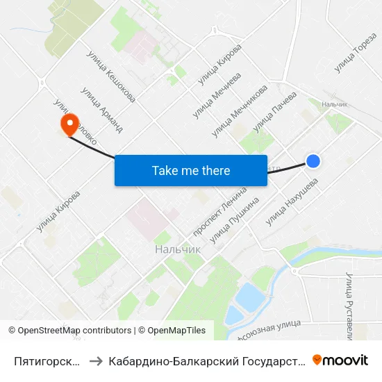 Пятигорская Улица to Кабардино-Балкарский Государственный Университет map