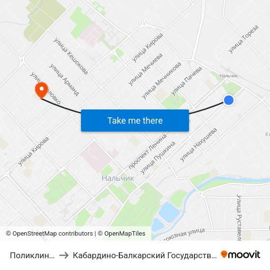 Поликлиника №3 to Кабардино-Балкарский Государственный Университет map