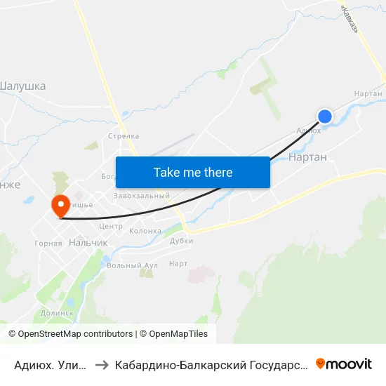 Адиюх. Улица Батраз to Кабардино-Балкарский Государственный Университет map