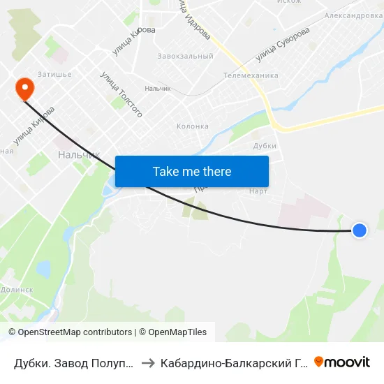 Дубки. Завод Полупроводниковых Приборов to Кабардино-Балкарский Государственный Университет map