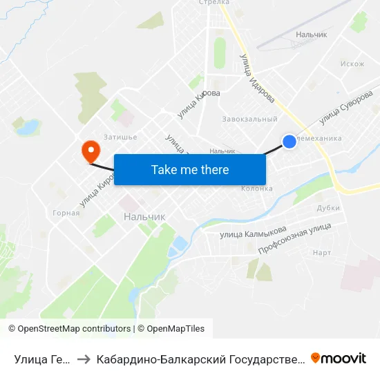 Улица Геттуева to Кабардино-Балкарский Государственный Университет map