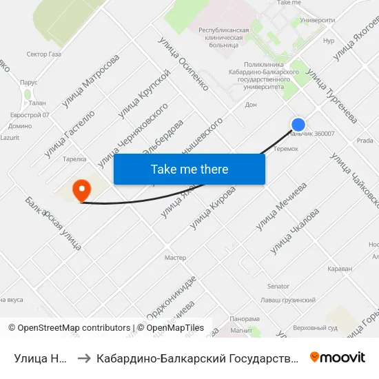 Улица Ногмова to Кабардино-Балкарский Государственный Университет map