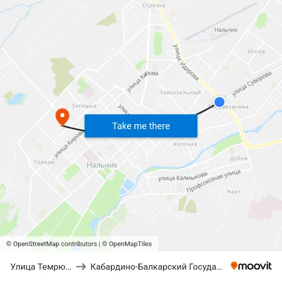 Улица Темрюка Идарова to Кабардино-Балкарский Государственный Университет map