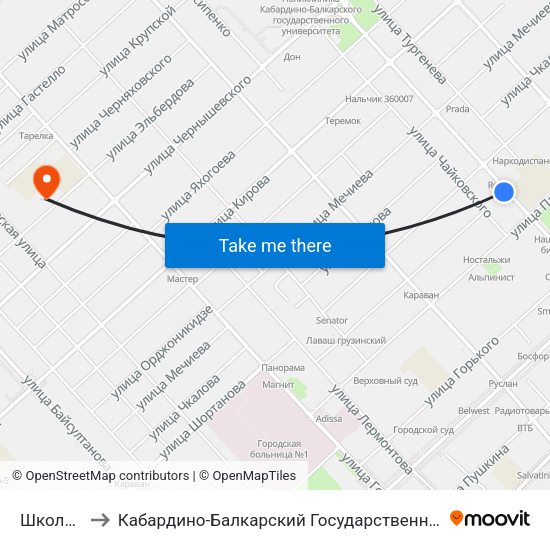 Школа №5 to Кабардино-Балкарский Государственный Университет map
