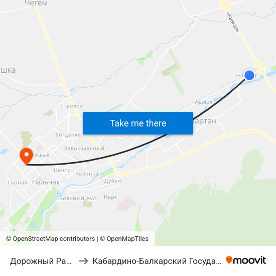 Дорожный Разъезд Нартан to Кабардино-Балкарский Государственный Университет map