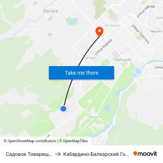 Садовое Товарищество Институтское to Кабардино-Балкарский Государственный Университет map